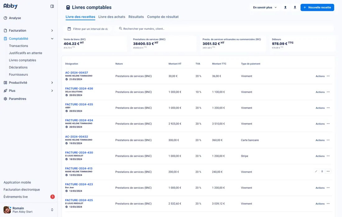 Livre des recettes automatisé dans le logiciel Abby